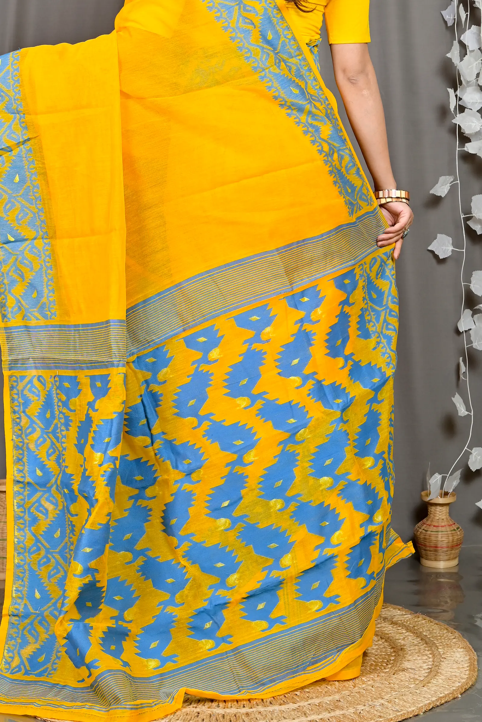 Yellow Blue Cotton Blended Parv Jamdani Saree (562)